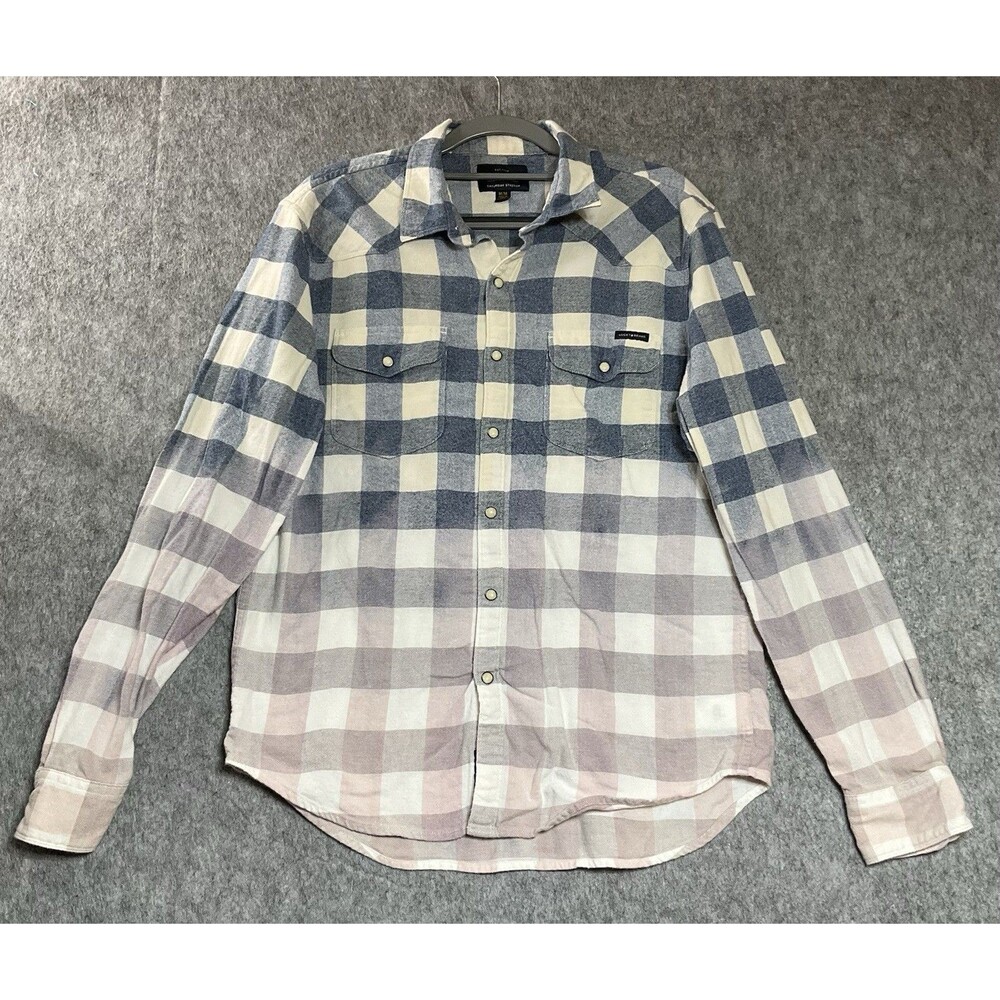 Lucky Brand Upcycled Shirt Mens Medium Blue Check Pearl Snap Flannel Grunge